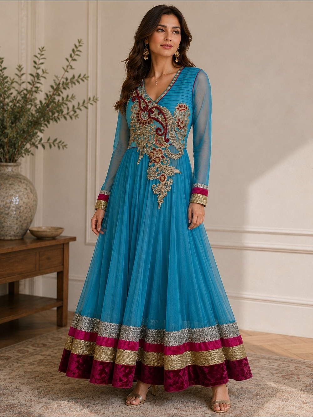 Teal Blue Embroidered Anarkali Dress w/ Pink & Gold Trim